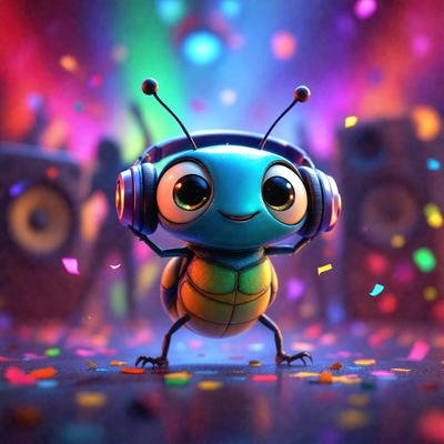 The primary subject of the image is a cartoon-like character, possibly a blue grasshopper or a similar creature, wearing headphones and standing on a colorful dance floor. The setting is a vibrant and lively party scene, with a backdrop of a disco ball and a rainbow-colored background. The visual style is a combination of digital art and illustration, creating a fun and engaging atmosphere. The colors and mood of the image are predominantly bright and cheerful, with a focus on the energetic and lively party environment.